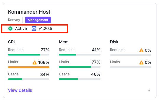 Cluster card with status highlighted