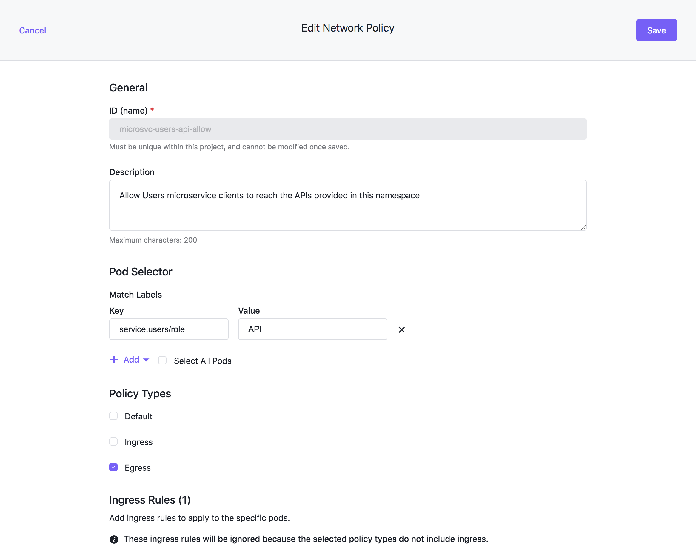 Disable ingress network policy