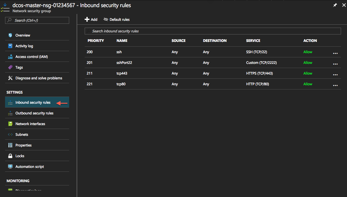 Inbound Security Rules