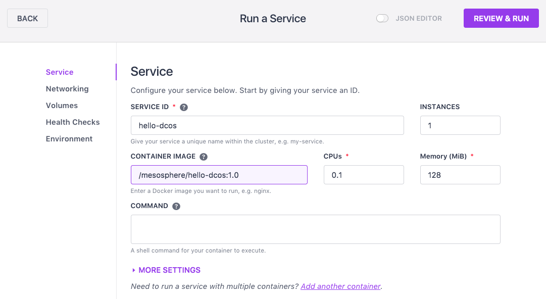 Containerized service in the DC/OS UI