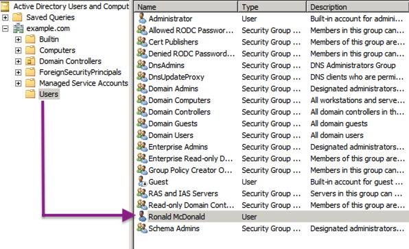 在 Active Directory 用户和计算机中选择一个用户