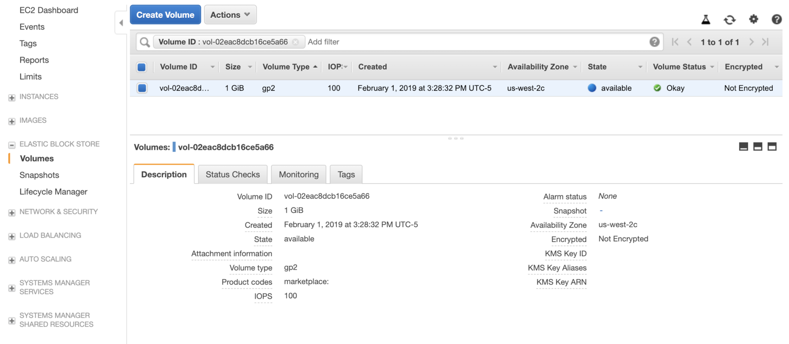 Screenshot of AWS EBS volume "available" for newly created volume.